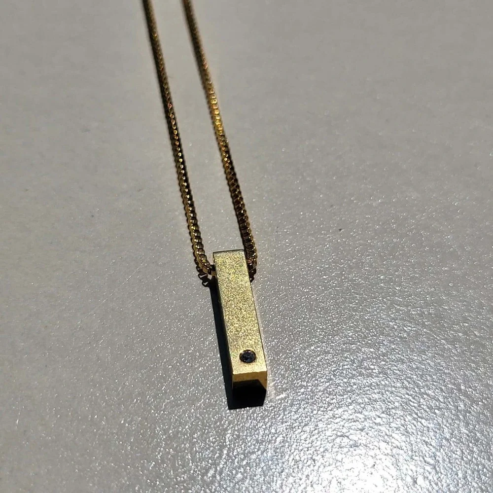 Gold Tone Textured Bar Pendant Necklace Small Clear Stone Inset Chain